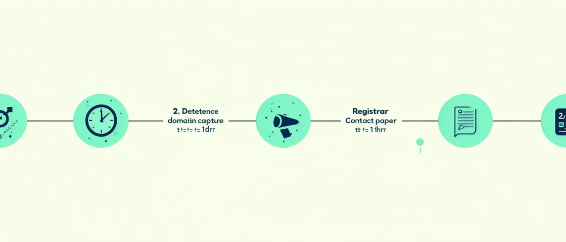 Takedown workflow timeline showing detection, classification, registrar contact, and domain suspension steps with time markers